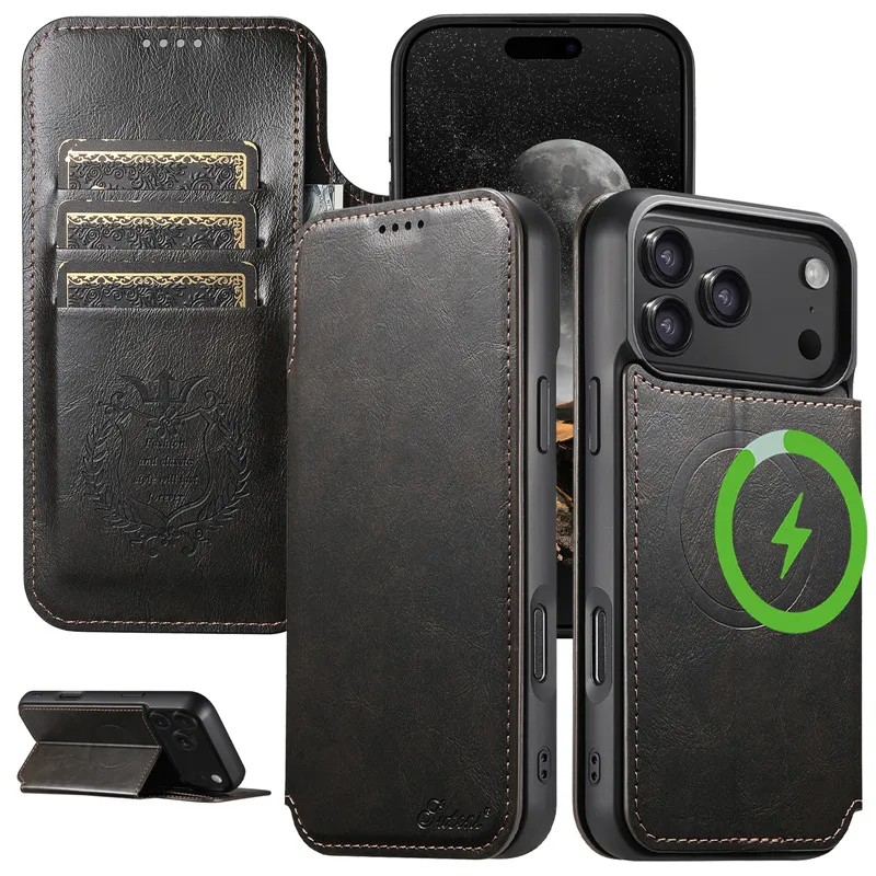 

Масляный воск кожаный магнитный флип-чехол для iPhone 12, 13, 14, 15, 16, 17 Pro Max Air с беспроводной зарядкой и несколькими слотами для карт, обложка для книги