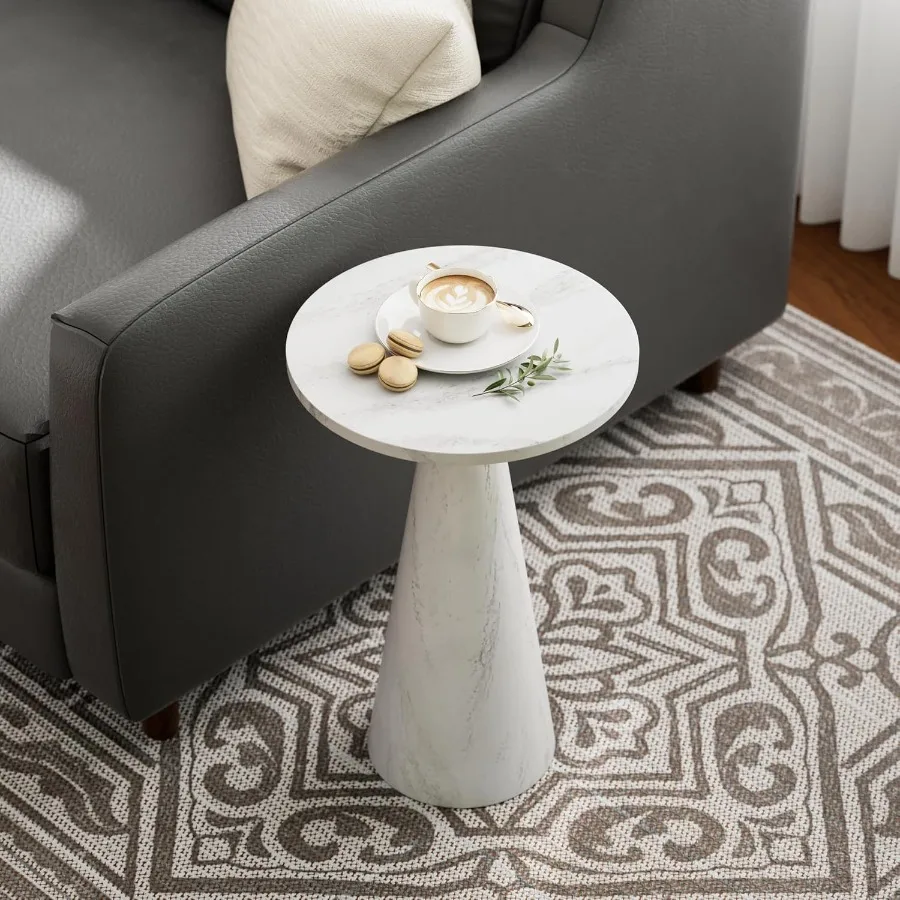 

Modern Round Pedestal End Table with White Marble Finish for Small Spaces Ideal as Martini Plant or Drink Stand