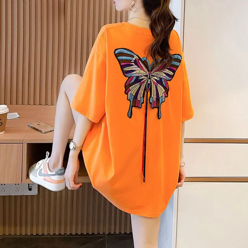 Female Clothing Fashion Butterfly Embroidery T-shirt Casual Loose Summer Short Sleeve Commute Basic O-Neck Drawstring Pullovers