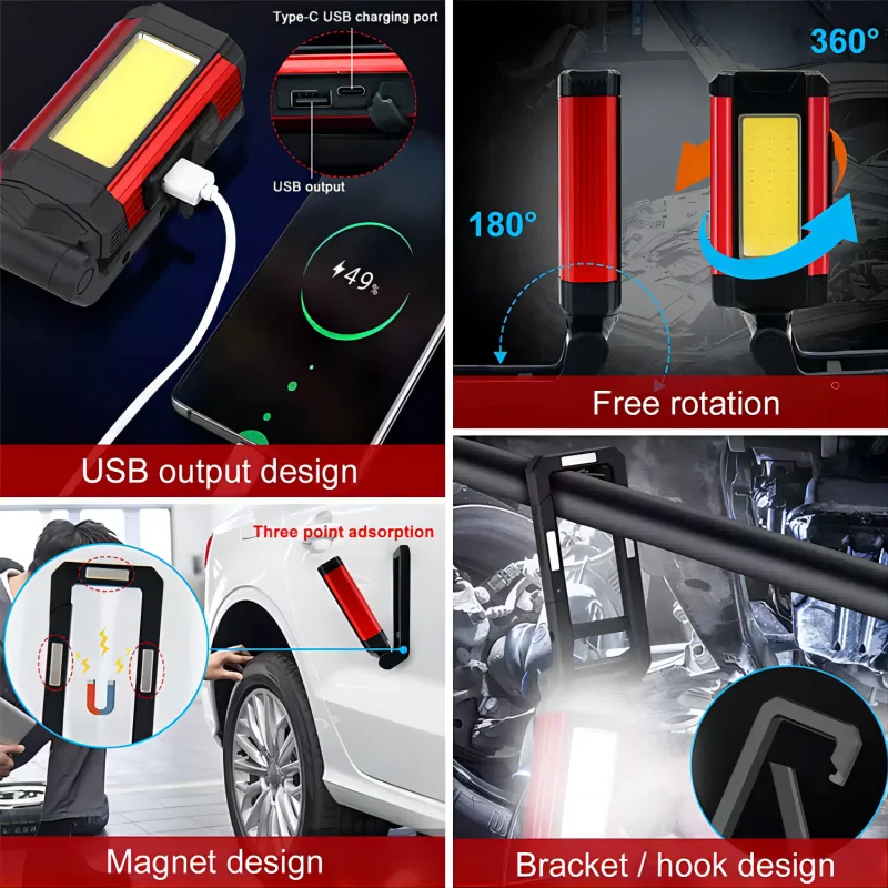 Magnetic COB Work Light USB Rechargeable LED Flashlight Portable Lantern Camping Light Type C Cable Power Bank Function Lamp