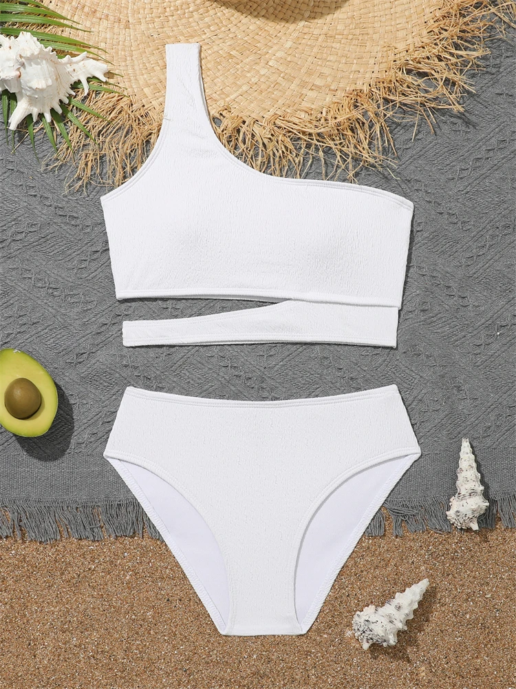 Girls\' Swimsuit Bikini 2024 New Solid One Shoulder Bikinis Set Children Swimwear Summer High Waist Kids Beach Wear Bathing Suit