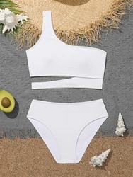 Dziewczęcy strój kąpielowy Bikini 2024 Nowy solidny zestaw bikini na jedno ramię Stroje kąpielowe dla dzieci Letni strój kąpielowy dla dzieci z wysokim stanem