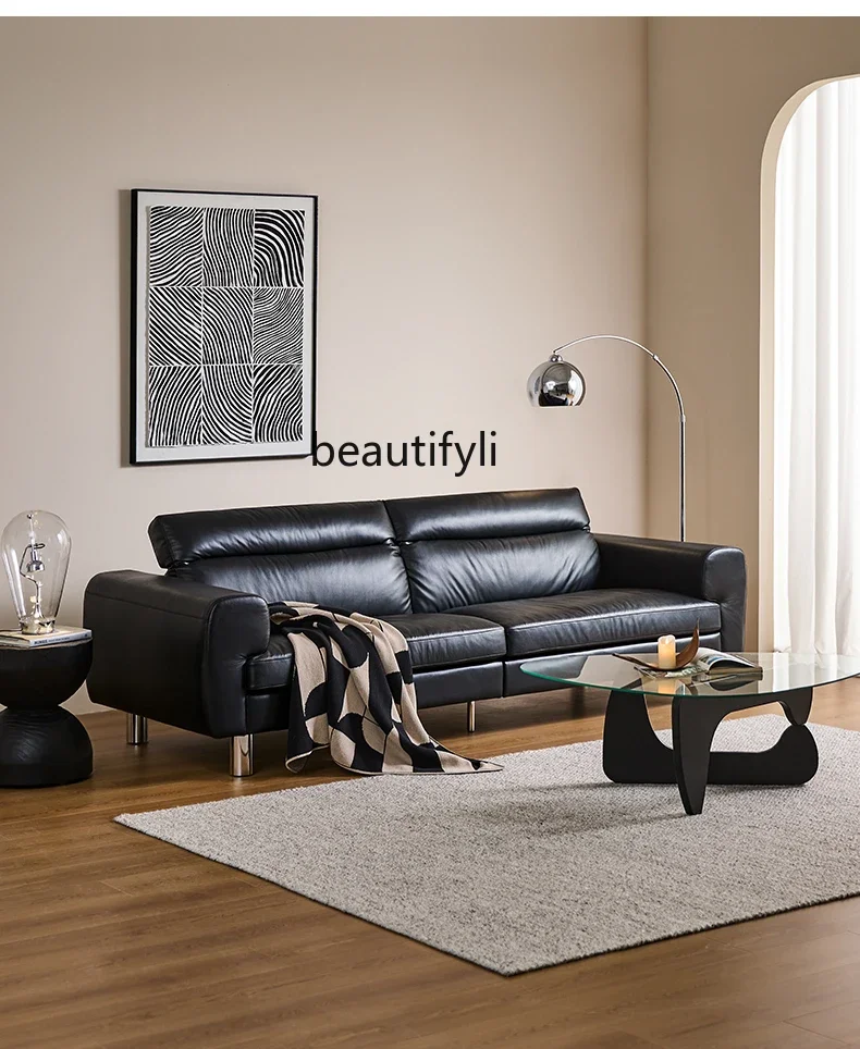 Italian Minimalist Genuine Cattlehide Leather Surface Straight Row Sofa   Light Luxury Multi-Person Leather Sofa