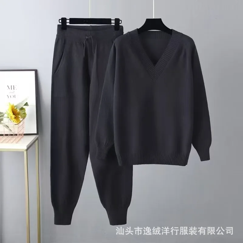 2026 Herbst Winter Damen V-Ausschnitt Strick-Zweiteiler Weicher Pullover Hochgeschnittene Strickhose Locker Modisch Täglich Streetwear – Detail 9