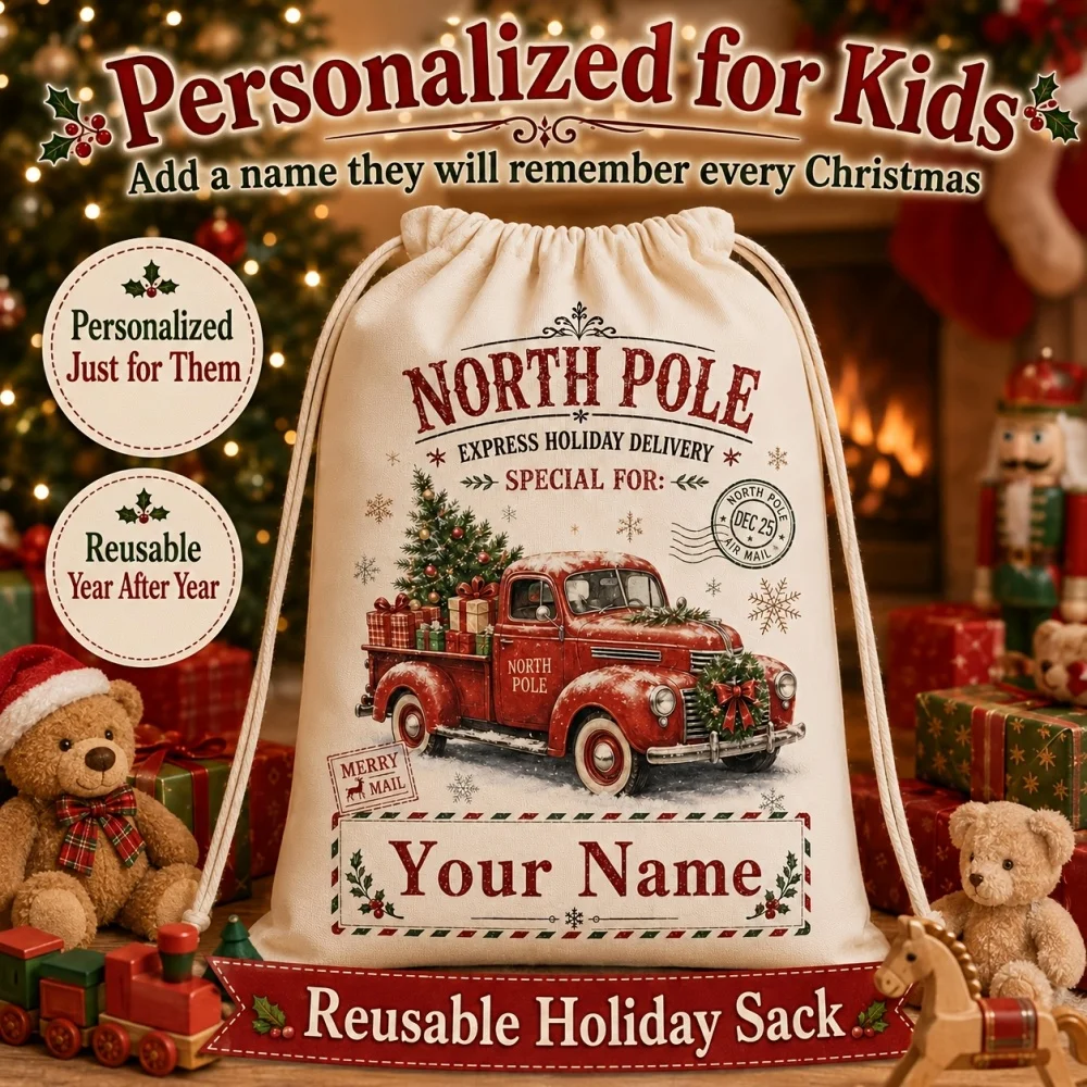 1Pc Customized Name/Text Christmas Imitation Hemp Gift Bag,Express Truck Pattern Drawstring Closure Storage Bags,Party Candy Bag