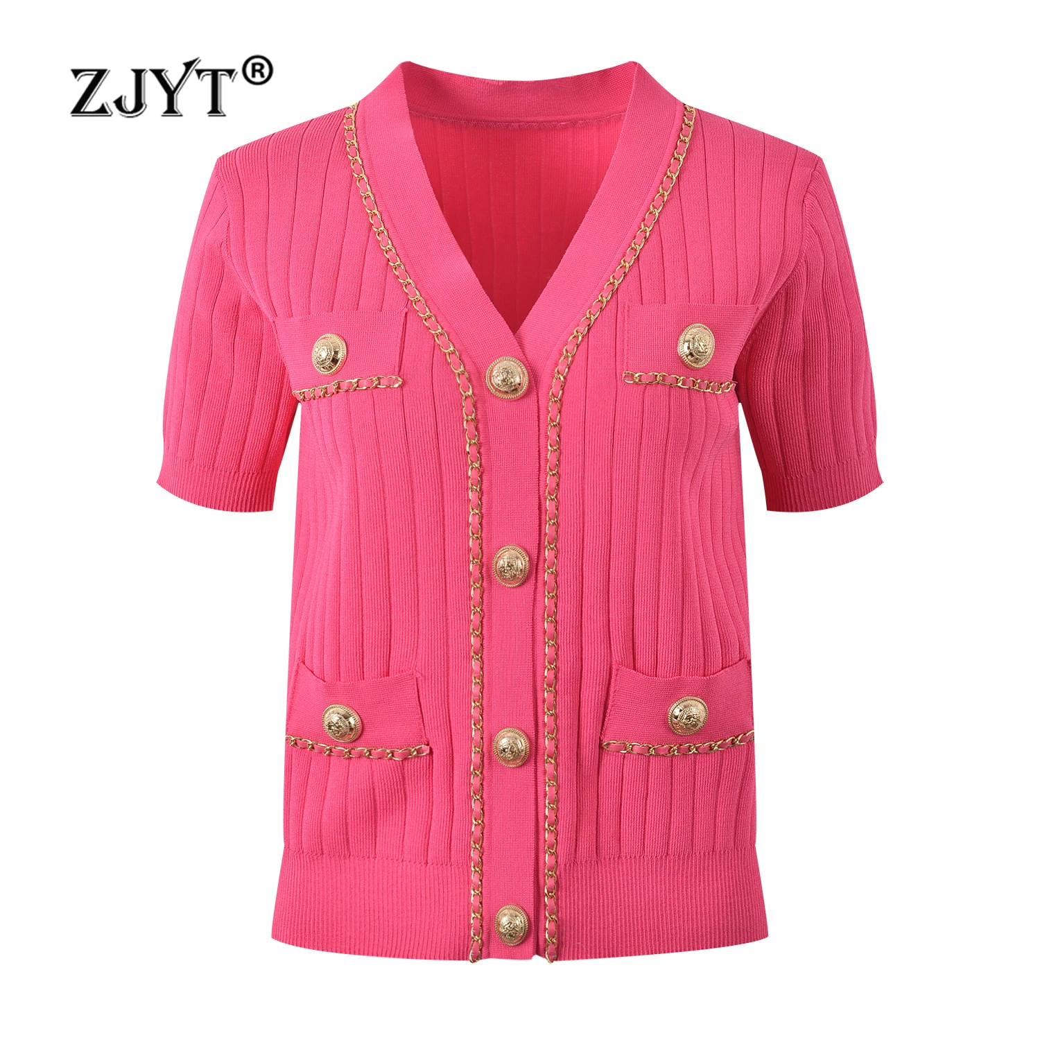 

ZJYT Women's Summer Knitted Cardigans Tops Sweaters Short Sleeve Chain Patchwork Metal Buttons Knitwears White Jersey Mujer 2024