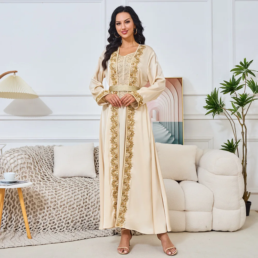 

Ladies' Muslim clothing evening dress summer new fashion bead dress long sleeved cardigan two-piece set