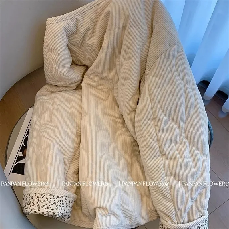 المرأة الشتاء وصول جديد فضفاض ومتعدد الاستخدامات الفانيلا المرقعة طباعة الماس شبكة معطف القطن مع تصميم فريد من نوعه المشمش الأعلى #3