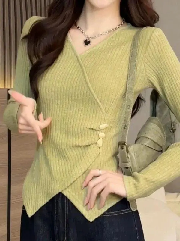 

American Retro V-Ne Long Sve Women's Spring Autumn Slimming T-irt Uneven Waist Design Faionable Casual Wear