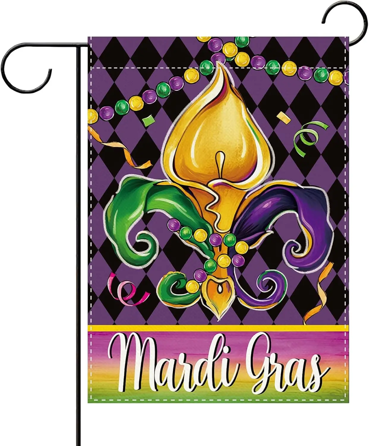 Terkki Mardi Gras Fleur De Lis Decorative Garden Flag, New Orleans Carnival Beads Argyle Small Yard Outside Decorations, Mas IIC