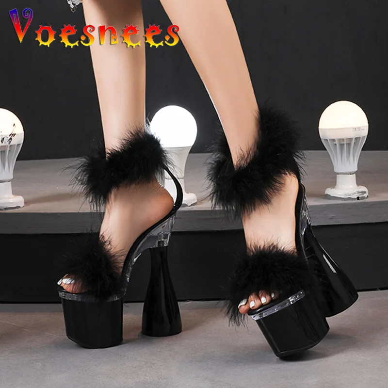 Women\'s 17.5CM Ultra High Heel Black White Red Platform Sandals Summer Fashion Furry Open Toe Nightclub Stage Round Heels Shoes