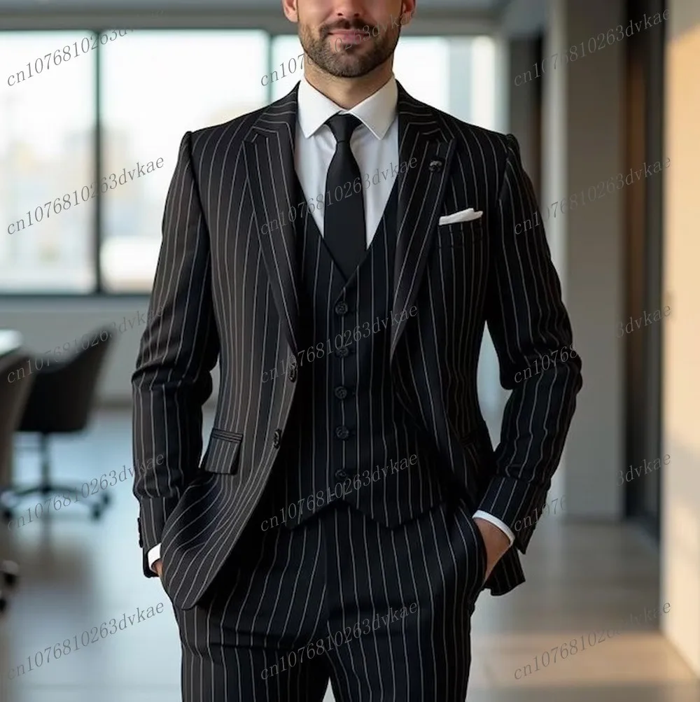 

New Black Elastic Stripe Men Business Suit Groom Groomsman Wedding Party Formal Prom Male Tuxedos 3 Piece Set Blazer Vest Pants