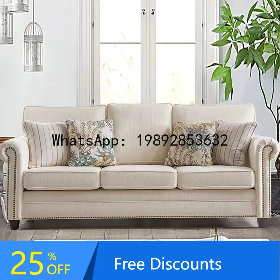 CZ American Style Fabric Sofa Modern Small Apartment Three-Seater Home Retro Cotton Linen Country Living Room Furniture Set