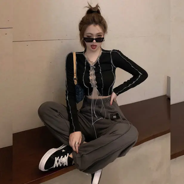 Black Sexy Front Bow Tied Shirt Women Fashion Y2K Crop Tops Ruffle Long sleeve Tee Basic Shirts and Blouses Clothing Brand