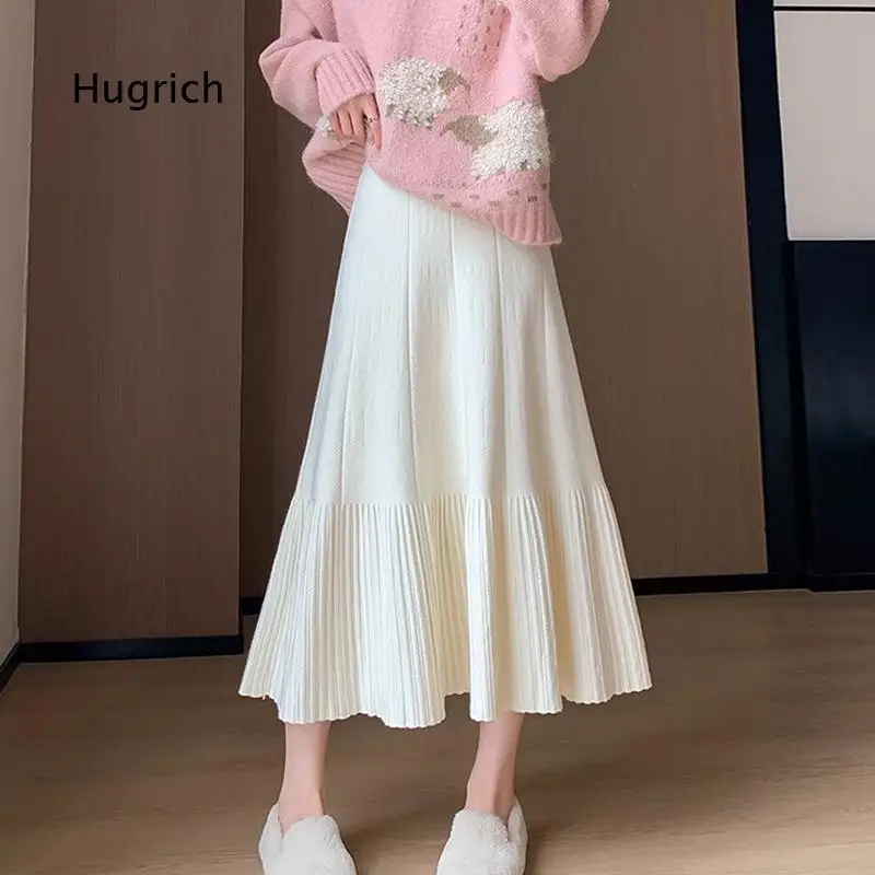 Women Knit Pleated Midi Skirt High Waist A Line Umbrella Skirt Slim Fit Petite Friendly Long Skirt Comfortable For Fall And Wint
