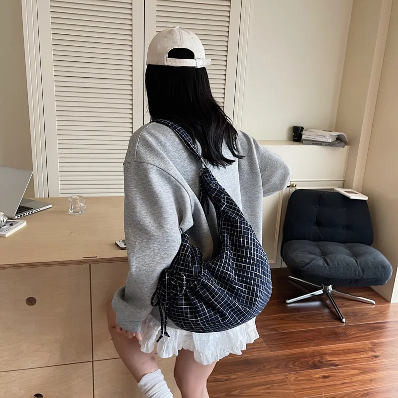 

Легкая клетчатая сумка через плечо на шнурке, повседневная сумка через плечо для путешествий, сумка-хобо, повседневная сумка-тоут