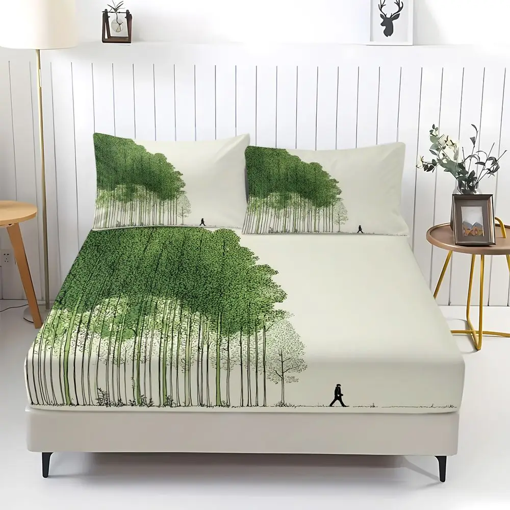 Minimal Forest Line Art Print Fitted Sheet Set Bed Sheet Set Bedding Set No Fillers HD Digital Print Aesthetic Adult Bedding