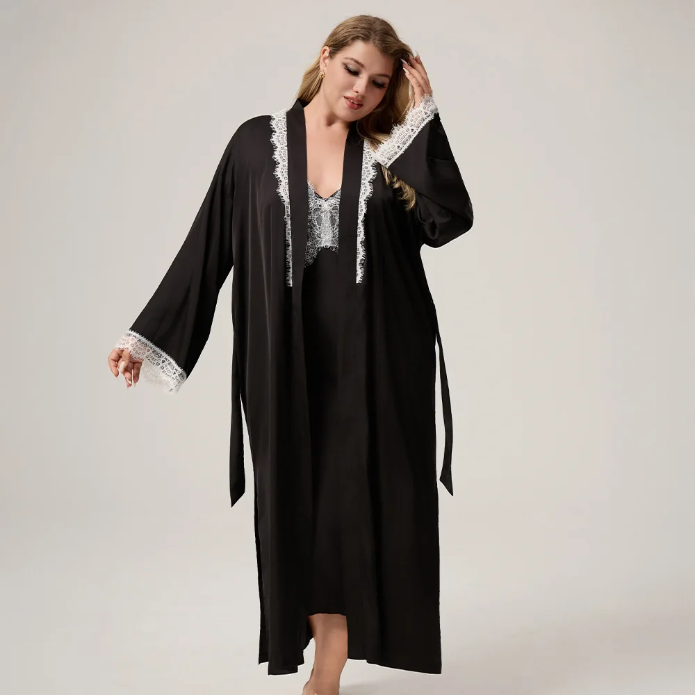 New Plus Size Morning Robe for Women Cross-border Satin Chiffon Spring/Autumn Lace Trim Long-Sleeved Bathrobe Nightwear Homewear