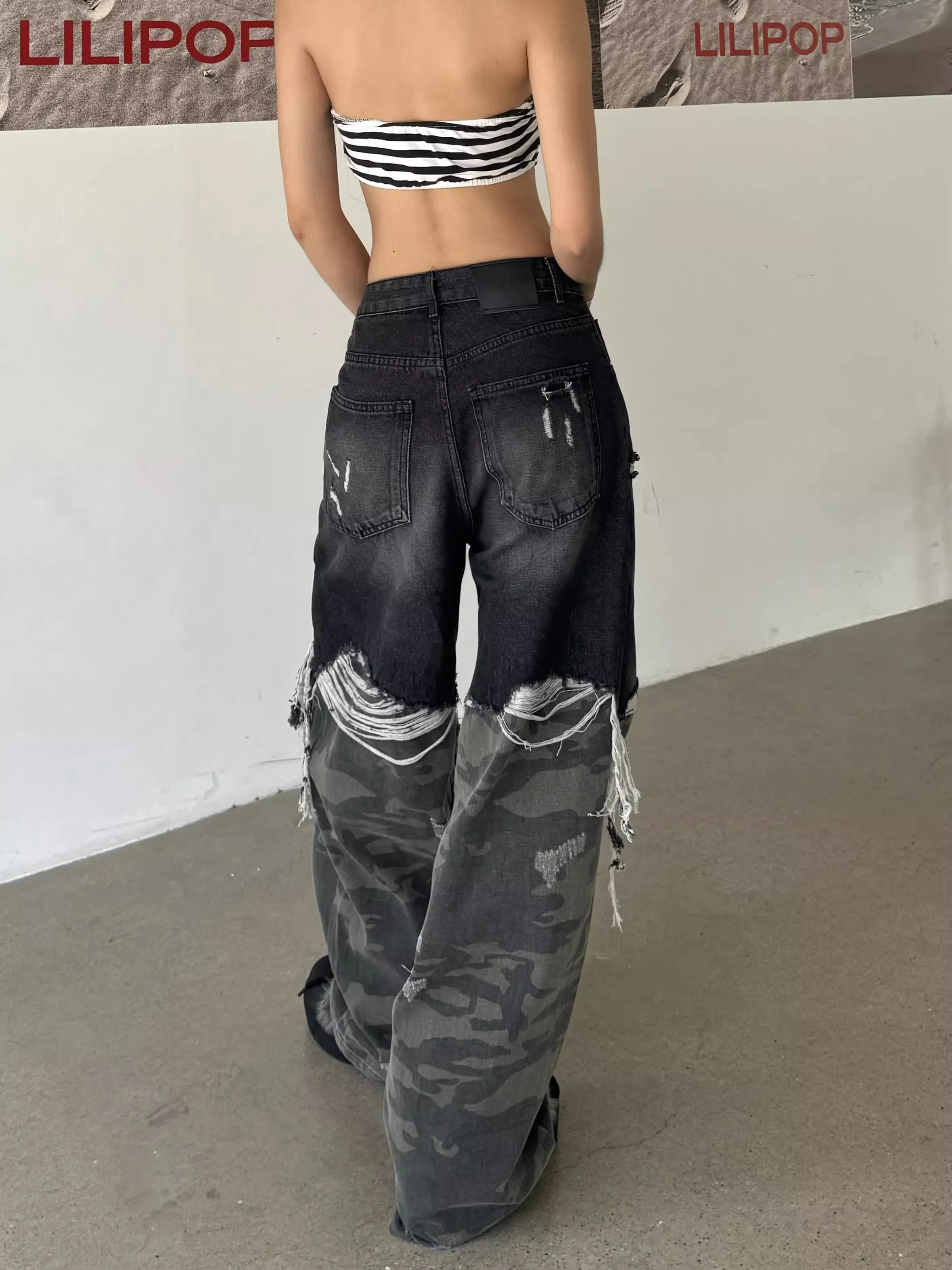 Vaqueros de camuflaje empalmados rasgados azules para mujer Y2K Harajuku japonés High Street estilo 2000 pantalones vaqueros de pierna ancha sueltos pantalones de basura