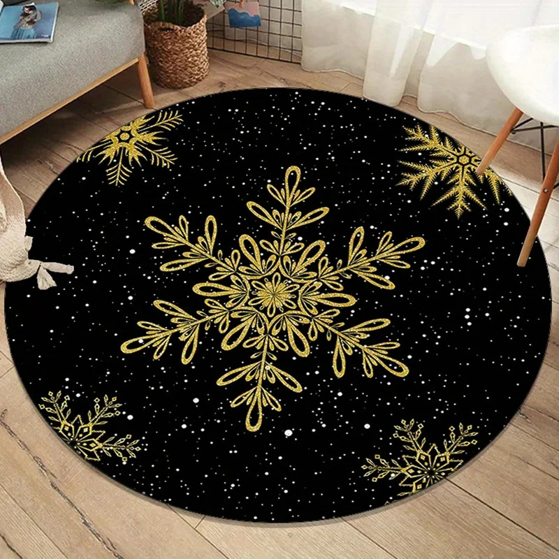 

1pc Luxury Gold Snowflake Round Rug - Soft Non-Slip Polyester Floor Mat, Machine Washable, Suitable for Living Room and Bedroom