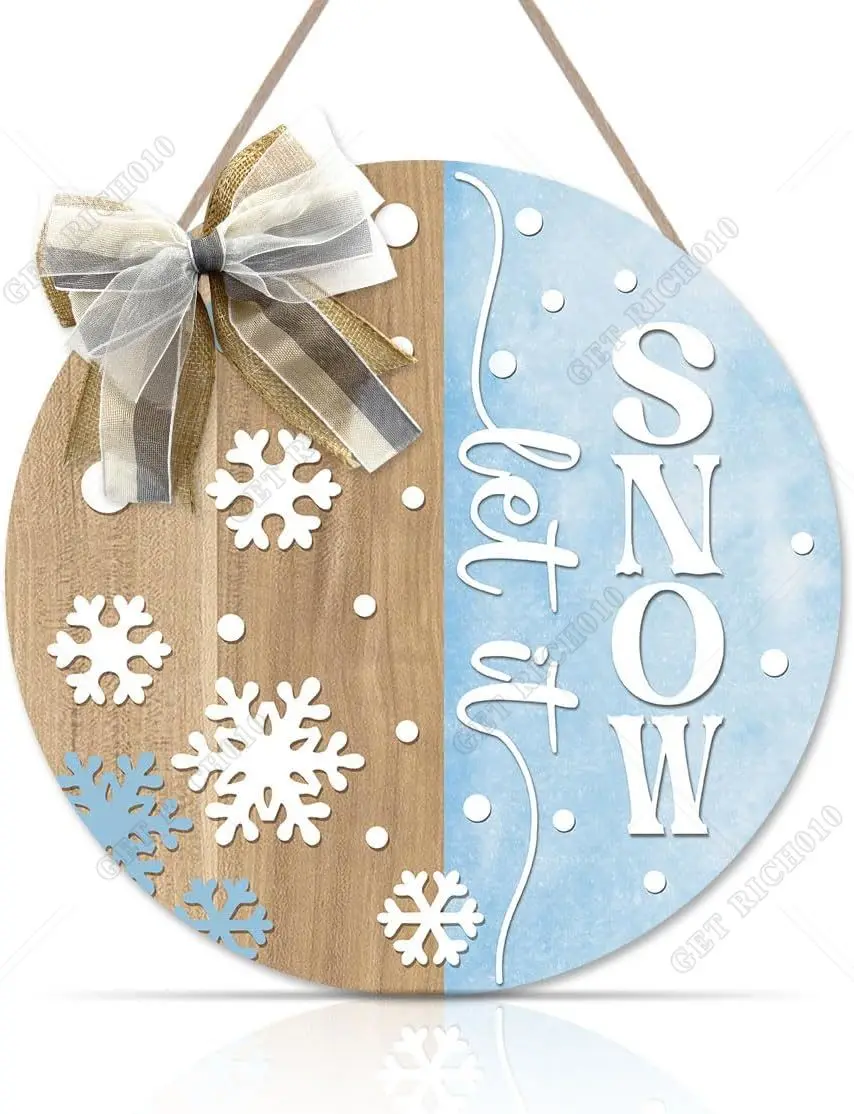 

Let It Snow Winter Wooden Sign 12x12 Inch Snowflake with Bow Christmas Front Door Hanger Xmas Holiday Welcome Decorative