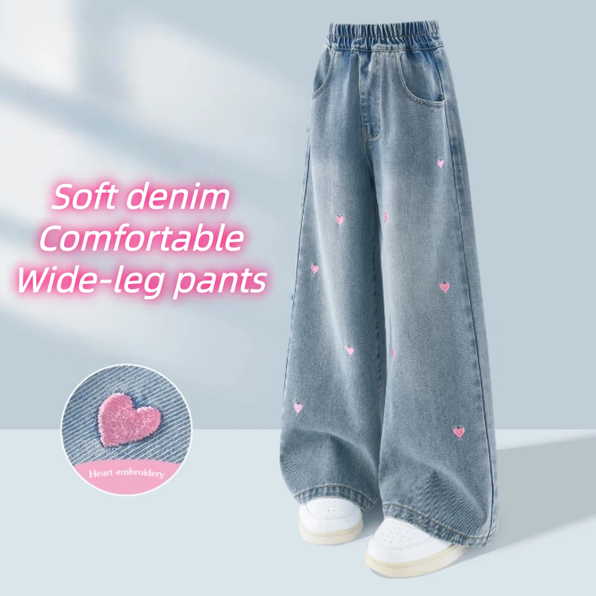 

Детские удобные мягкие джинсы, осенне-зимние широкие брюки для девочек, джинсы с вышивкой в форме сердца, ветрозащитные длинные брюки
