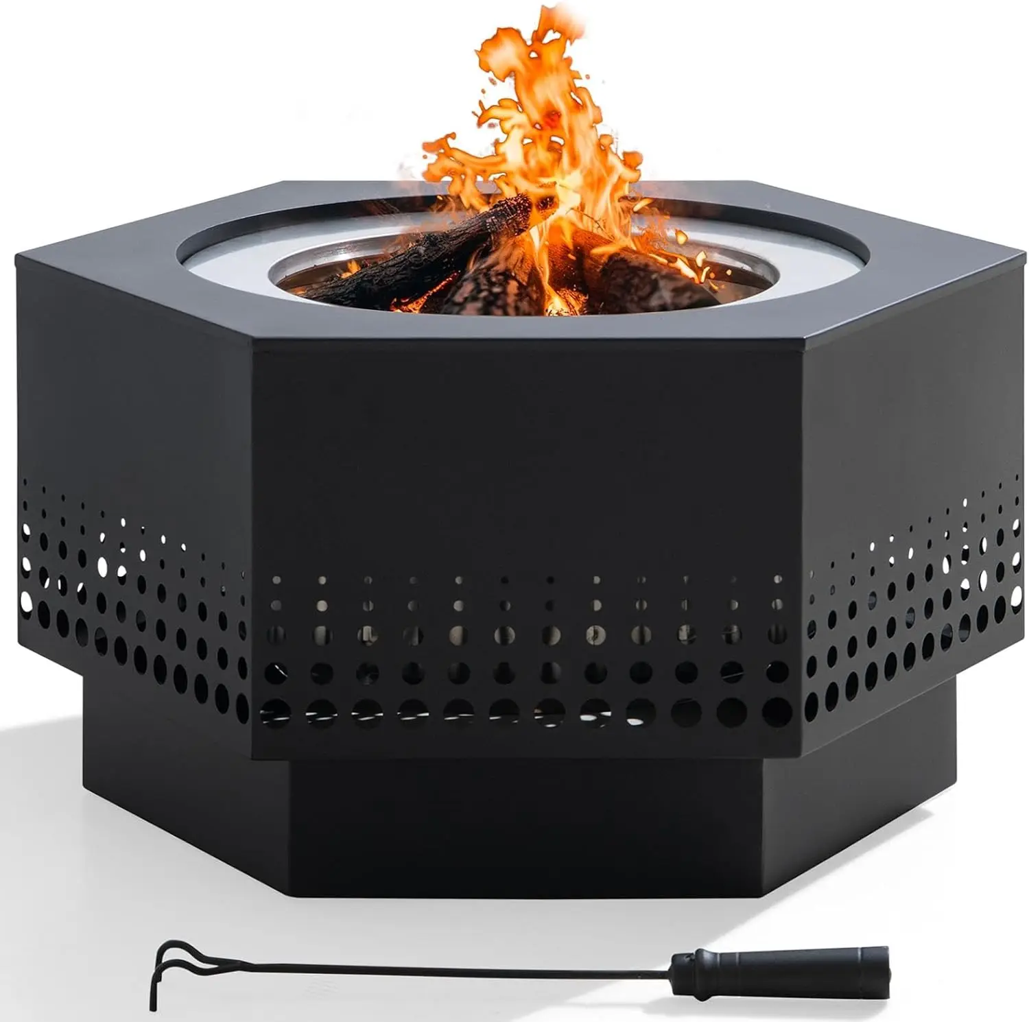 Smokeless Fire Pit 28-Inch Hexagonal Firepit for Outdoor, Stainless Steel Wood Burning Fireplace with Removable Ash Pan, PVC