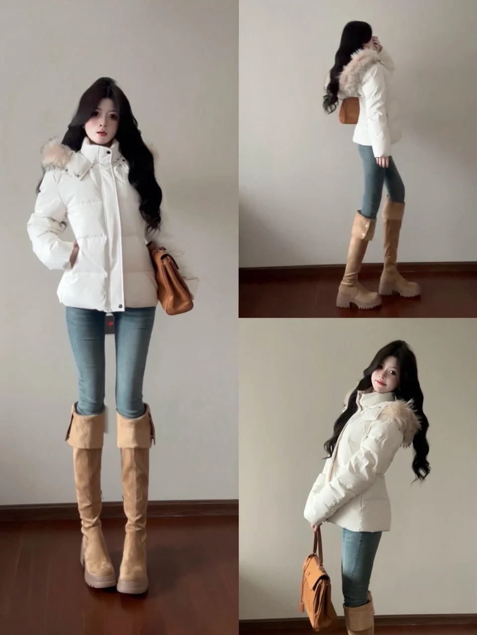 

Ретро-американская утепленная парка для женщин: хлопковое пальто с большим меховым воротником, приталенный крой, зимняя верхняя одежда