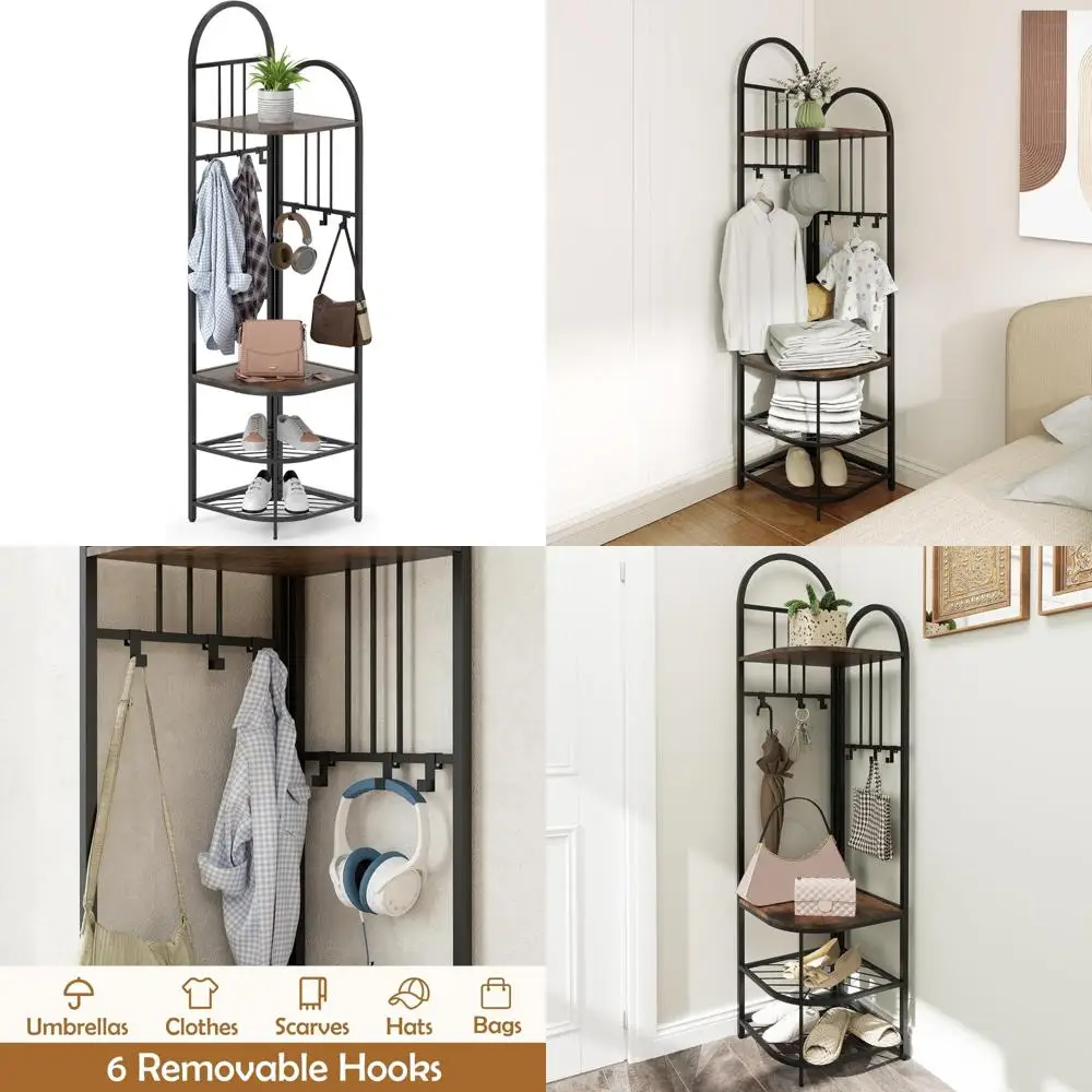 شجرة قاعة الزاوية مع مقعد تخزين الأحذية، 71 رف معطف، 6 خطافات، منظم رف الأحذية من 4 طبقات، أثاث المدخل