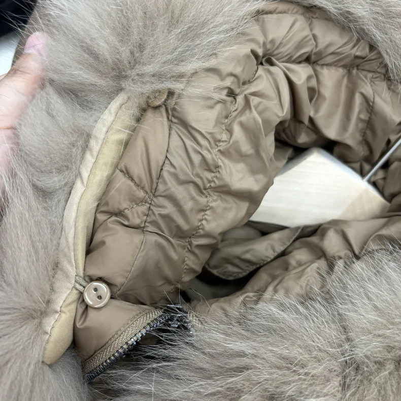 Schinteon Women 100% Real Fox Fur Collar White Duck Down Jacket with Hood Autumn Winter Warm Casual A-lined Warm Outwear Cape