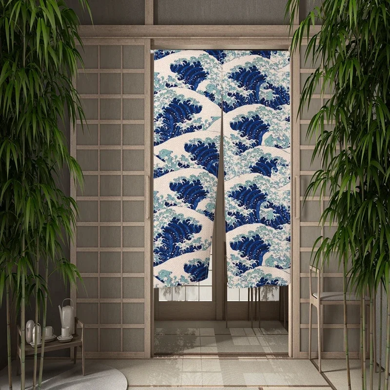 Japanese Wave Door Curtain Great Wave Restaurant Kitchen Door Curtains Drape Entrance Decor Hanging Half-Curtains for Home Decor