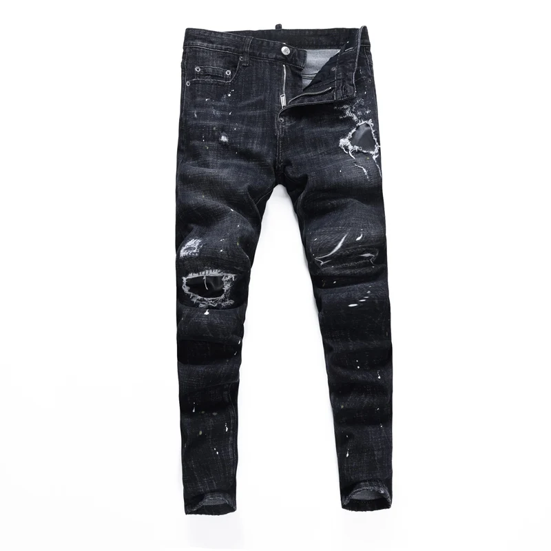 High street fashion new high-quality jeans painted, scratched, washed, nostalgic, elastic, slim fit, retro black gray jeans desi