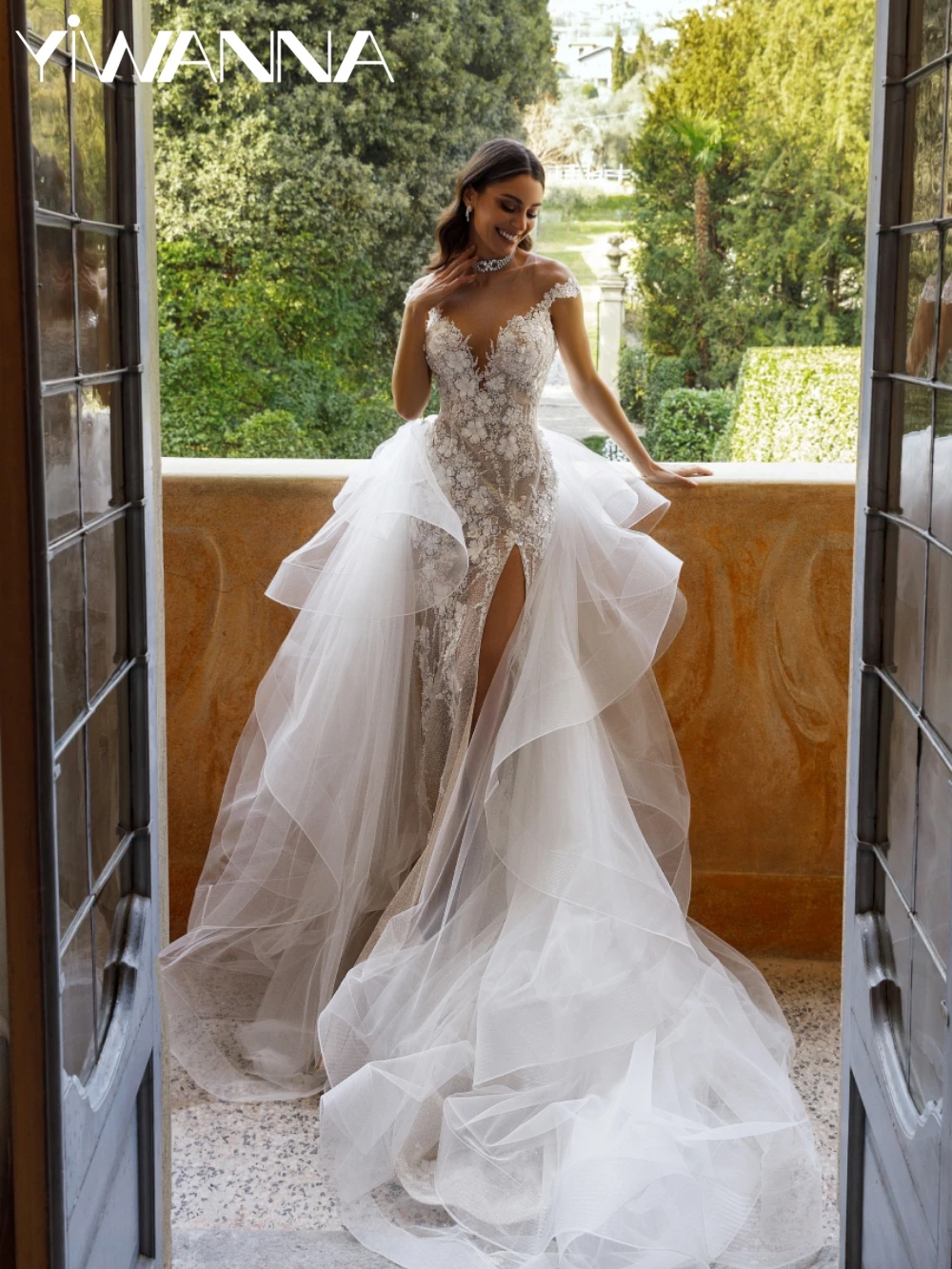 

Detachable Train Shiny Pearls 3D Flower Mermaid Wedding Dress Open Back High Slit Bridal Gown Customized Dresses For Bride