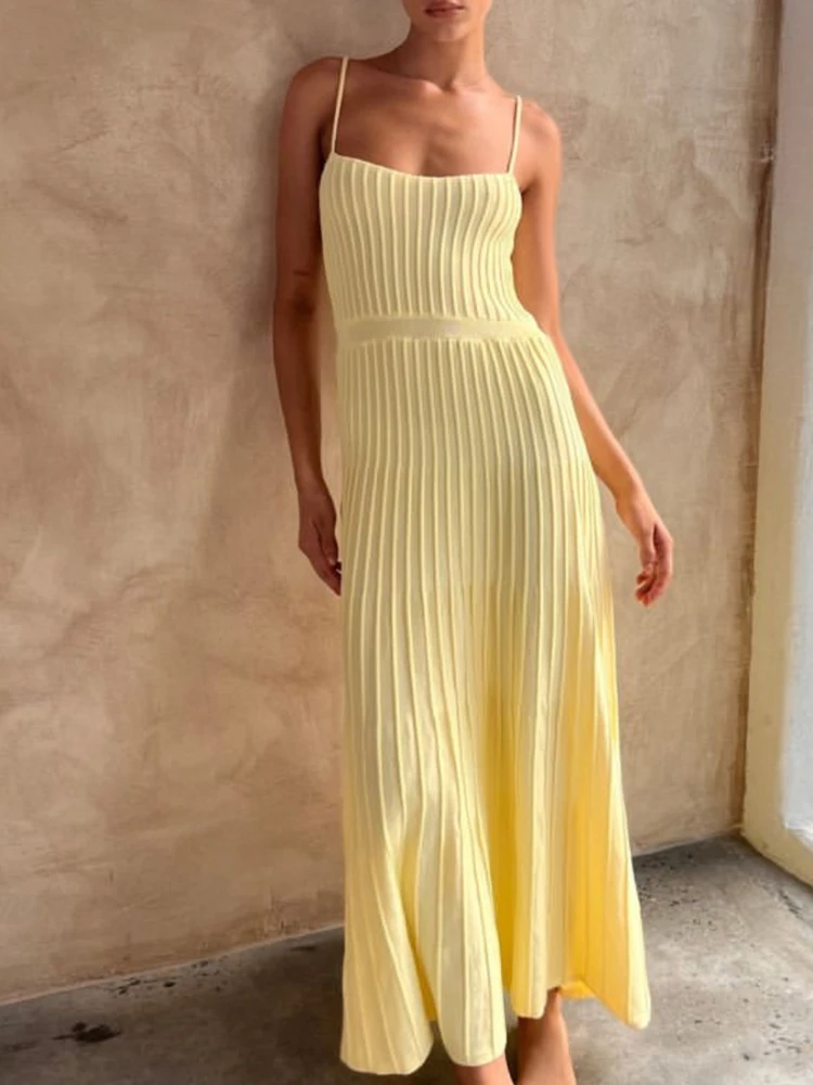 Knitted Solid Long Dress Women Sexy Sleeveless Spaghetti Strap High Waist Dress Party Evening Dresses Elegant Female Spring 2024