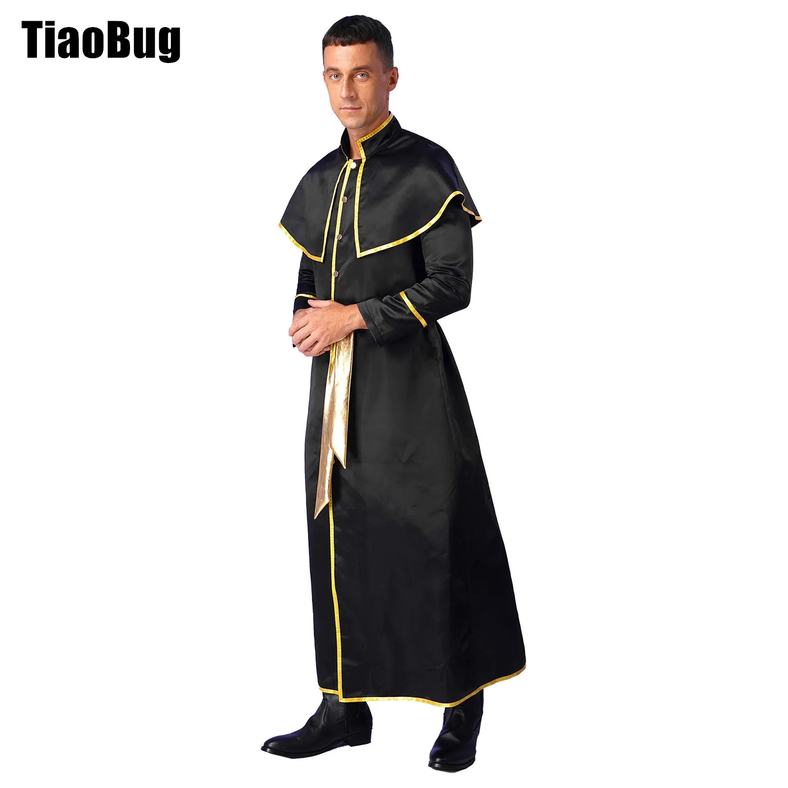 

Mens Priest Robe Halloween Dress Up Costumes Stand Collar Long Sleeve Integrated Cape Robe with Belt Catholic Clergyman