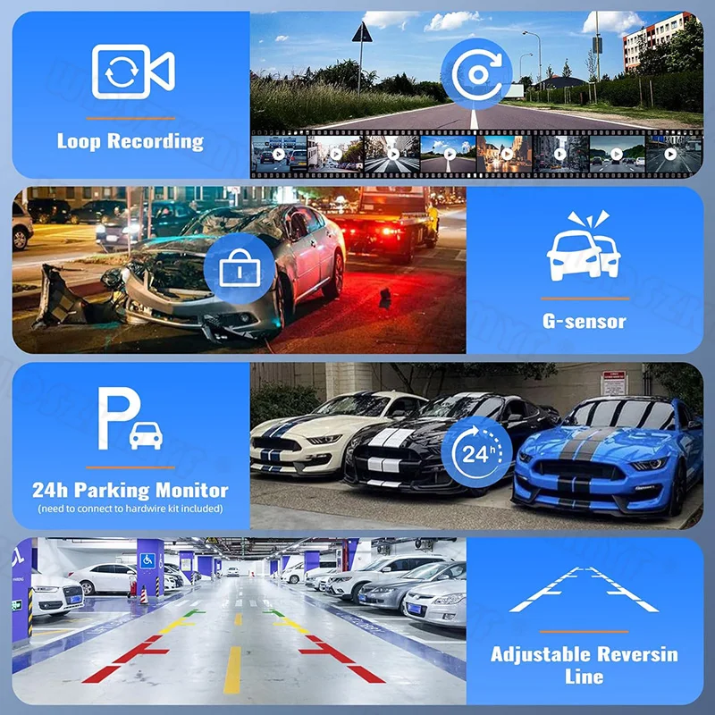 كاميرا داش للرؤية الخلفية مع مسجل فيديو مزدوج Len ، كاميرا تيار مرآة ، مشغل سيارة أندرويد تلقائي ، مسجل فيديو رقمي للسيارة ، بلوتوث ، FM ، WiFi ، 10 ، 12 ، 4K