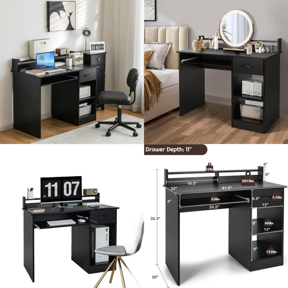 

Деревянный игровой стол с выдвижной полкой, стеллажами для хранения, подставкой для клавиатуры, подставкой для монитора, идеально подходит для небольшого домашнего офиса или спальни (черный)