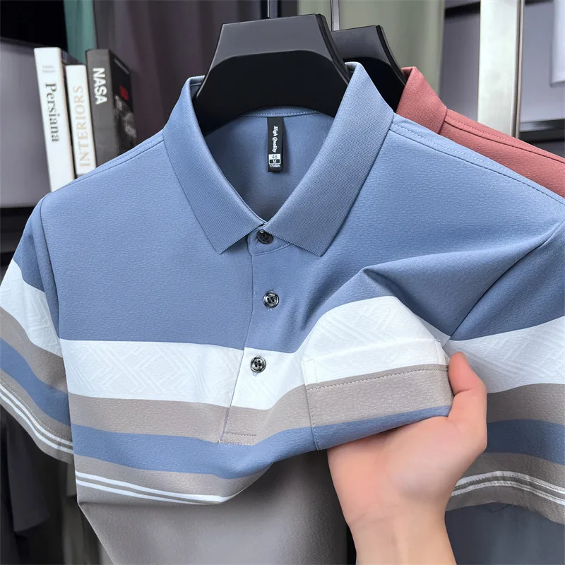 High quality brand silk cotton short sleeve polo shirt comfort breathable men's T-shirt summer pocket design striped casual top