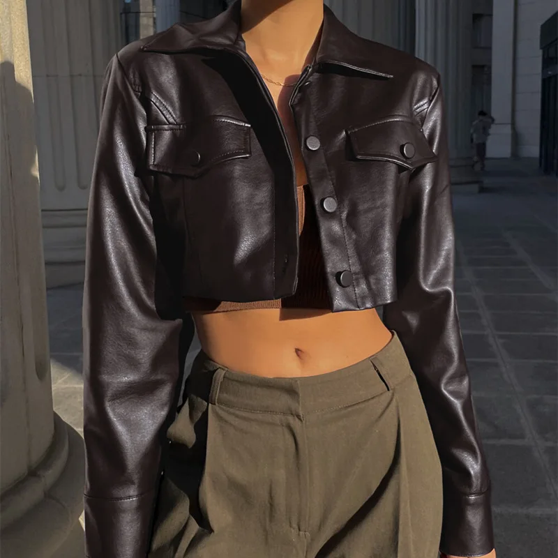 Sexy Crop Top Biker Outfit Hot Girl Belly ow PU Leather Jaet Thin Autumn Faion Abbigliamento da moto da donna