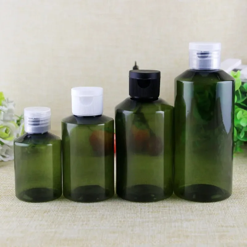 

2/12pcs 50ml 100ml 150ml 200ml Empty Makeup Green Plastic Cosmetic Toner/ Shampoo Bottle with Black/White/Clear Flip Cover Lid