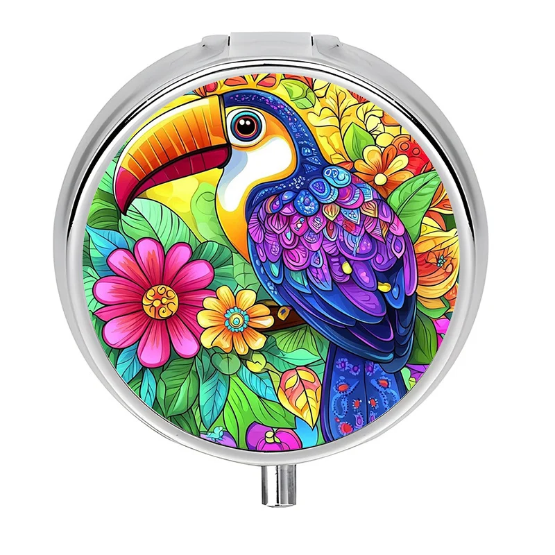 1 metal giant toucan pill box with 3 compartments and locking lid - Color-coded capsule organizer, tropical toucan and leaf design (pink, yellow, green) - Portable pill box for vitamins, travel, and medication - Durable device