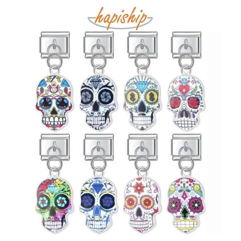 Hapiship New Fashion Women Lady Colour Glaze Skull Italian Links Charm Fit 9mm Bracelet Stainless Steel Jewelry DIY Making DJ490