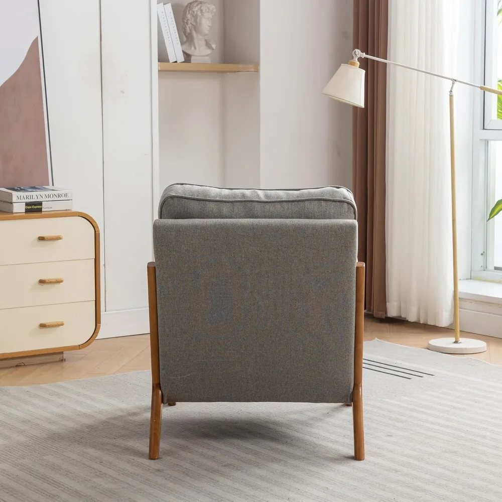 Accentstoel uit het midden van de eeuw, fauteuil van linnenstof met lendenkussen en massief houten frame voor woonkamer, slaapkamer, balkon