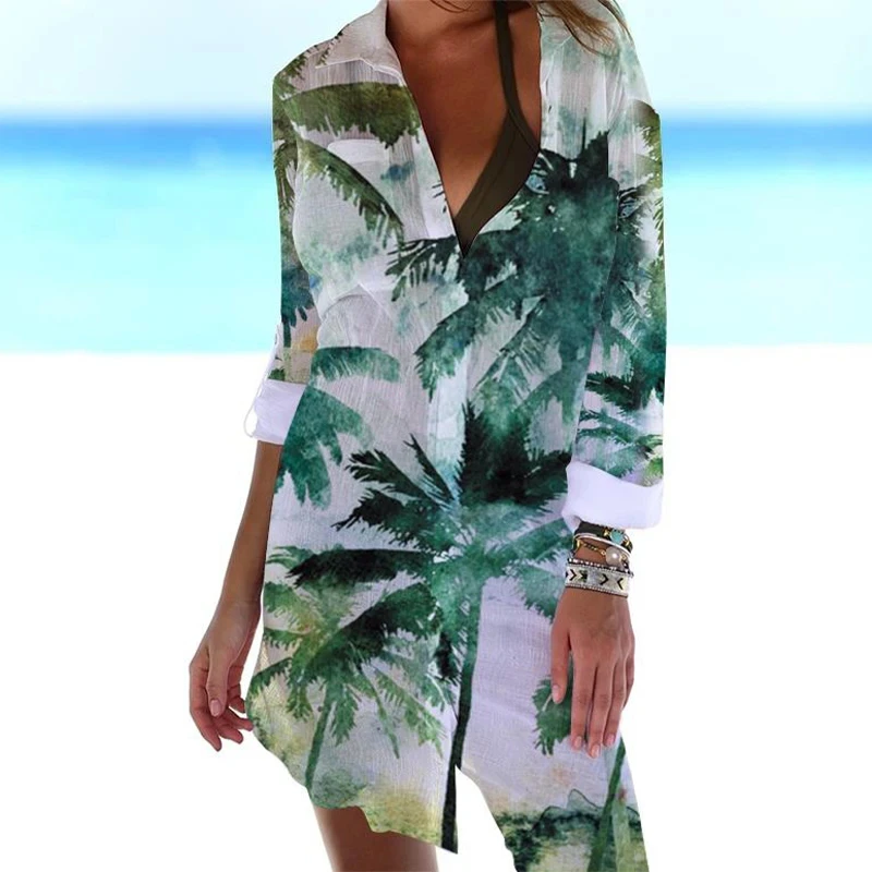 Summer New 2024 3D Coconut Tree Print Shirt Dress Beach Sexy Shirt Coat Shirt Long sleeved Women's Tank Top Dress