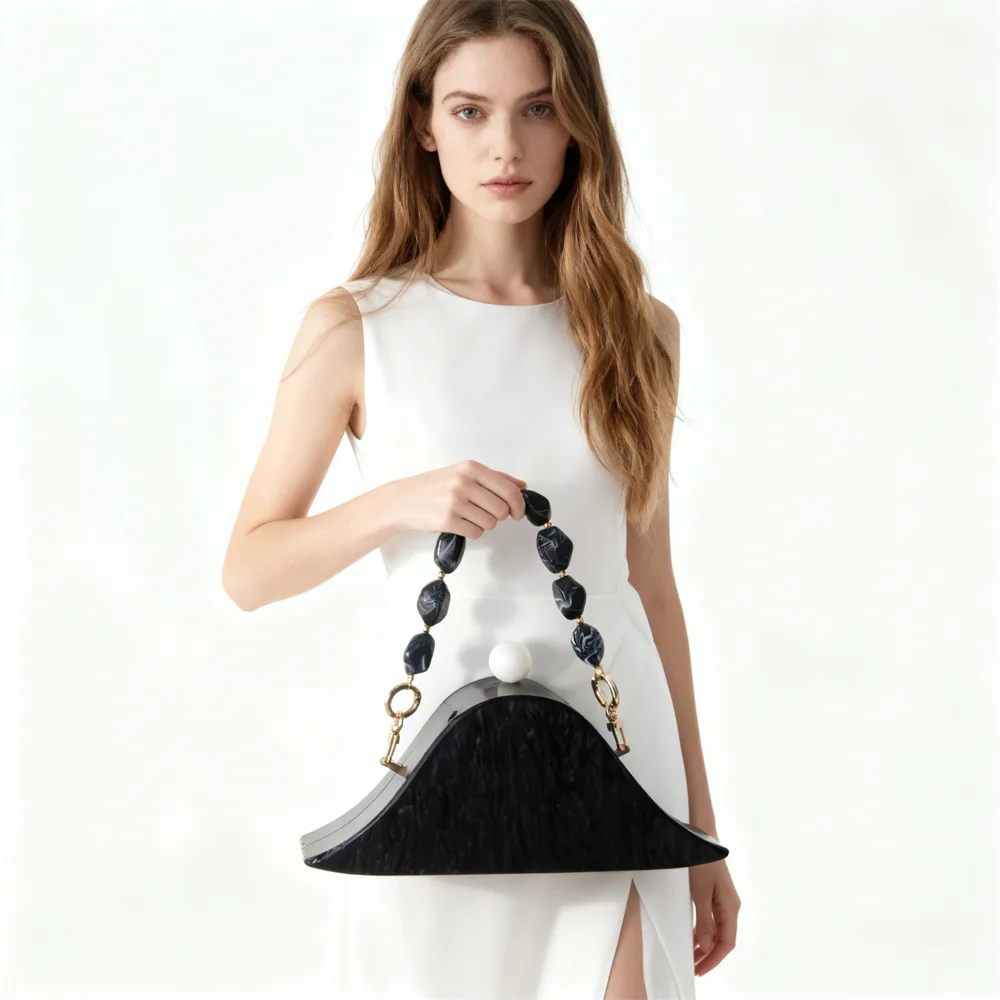 

Trendy Amber Triangle Banquet Bag Party Purse Clutch Mobile Phone Handbag Marble Black Beaded Handle Women Acrylic Evening Bag