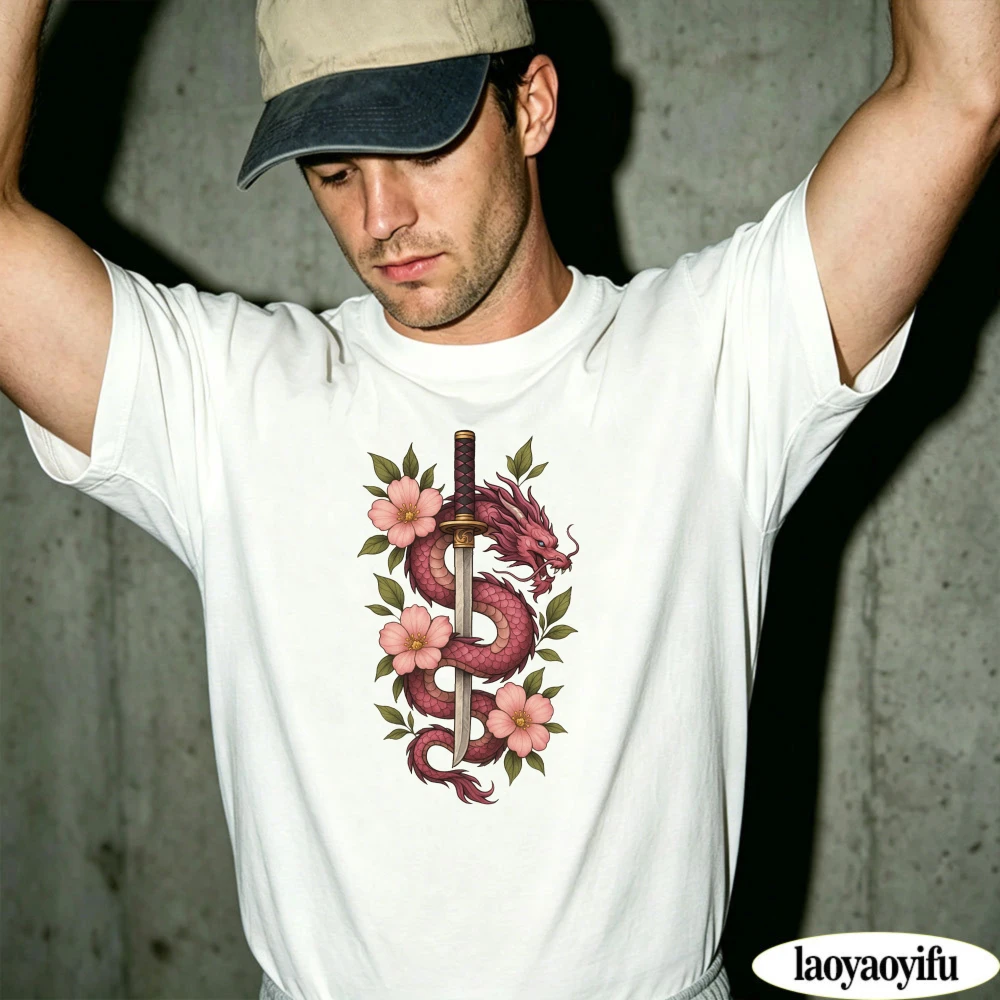 Pink Dragon Katana Sakura Flower TShirt Japanese Vintage Art Graphic Short Sleeve Cotton Casual Tee for Men Oriental Tattoo Tops