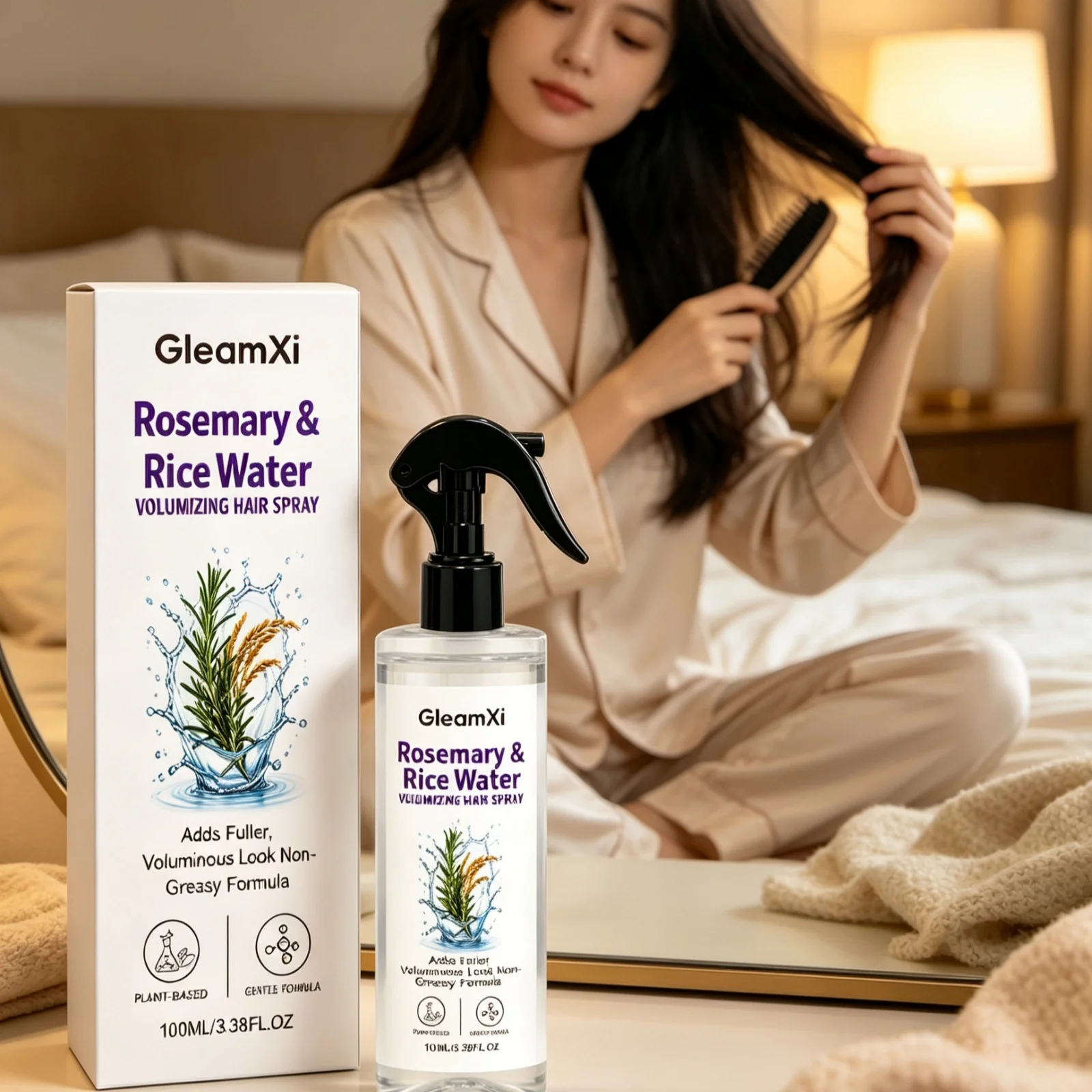 GleamXi Rosemary Rice Water Hair Spray Tame Frizzy Hair Gentle Formula Non Greasy Lightweight Volumizing Shiny Fluffy Hair Spray