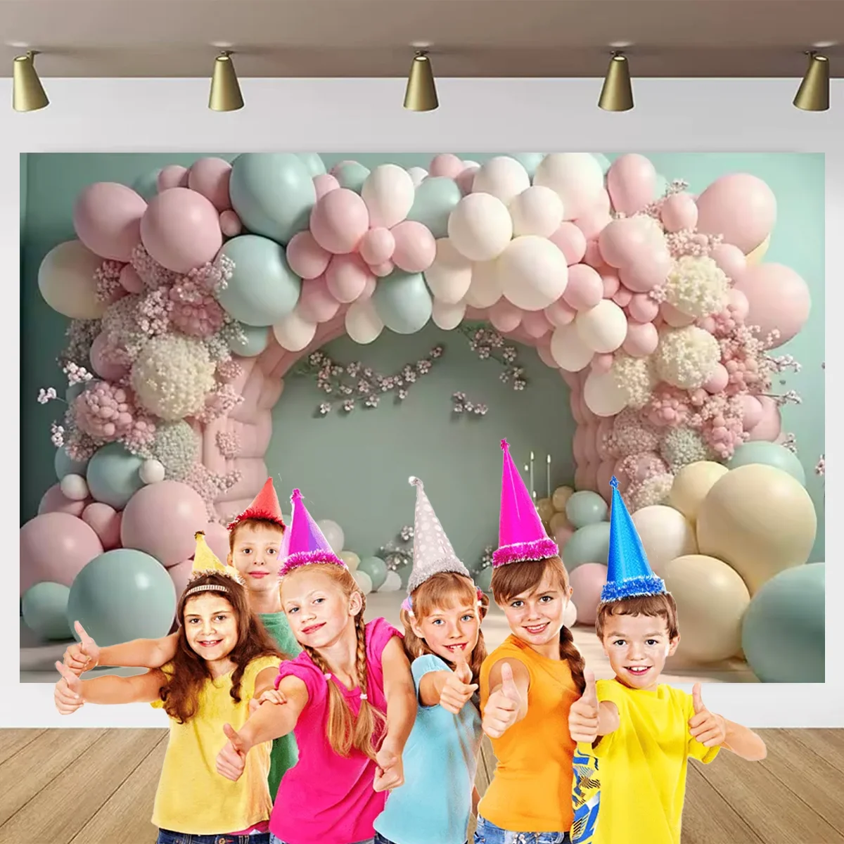 Girl\'s birthday party flowers arched balloon wall background retro wall decoration wedding photo booth flower butterfly children