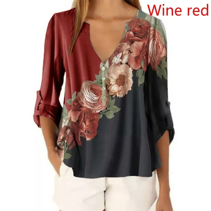 Camiseta solta estampada floral feminina, pulôver com decote em v, tops de manga 3/4, frente 3/4, roupas casuais, moda, verão, XS-5XL, 2023