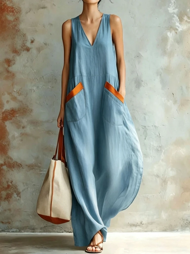 Women Boho Sleeveless Maxi Dress Deep V Neck Flowy Long Tank Dress Summer Casual A-line Loose Color Blocking Pockets Dresses